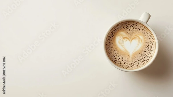 Fototapeta Cup of coffee with heart-shaped latte art in foam on neutral background