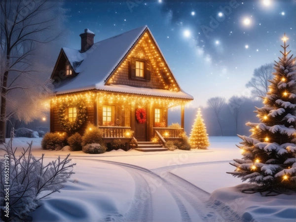 Obraz クリスマスの風景　白い雪　ロッジ　小屋　イルミネーション