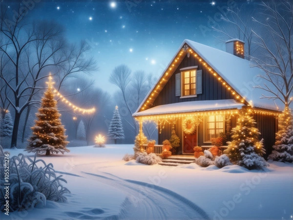 Obraz クリスマスの風景　白い雪　ロッジ　小屋　イルミネーション