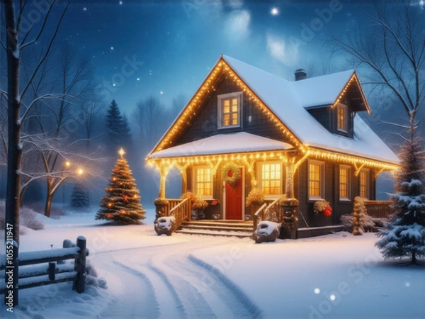 Obraz クリスマスの風景　白い雪　ロッジ　小屋　イルミネーション