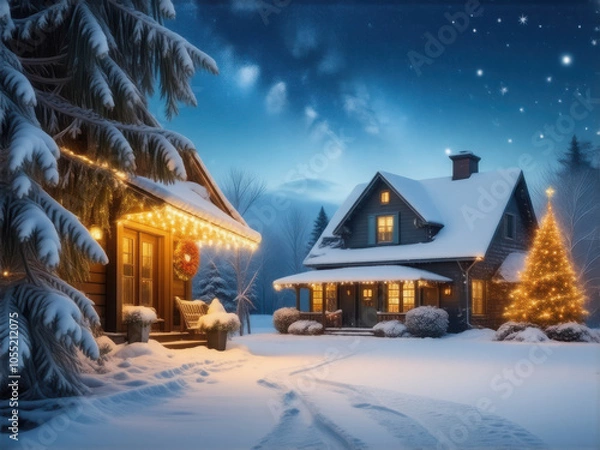 Obraz クリスマスの風景　白い雪　ロッジ　小屋　イルミネーション