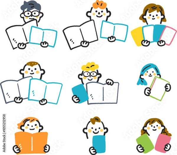 Fototapeta 教科書や本、ノートを掲げる小学生たち　セットのストックイラスト素材
