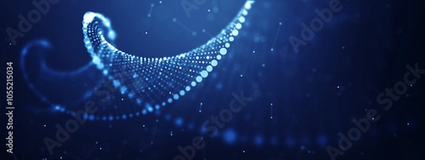 Fototapeta Abstract digital DNA helix with glowing nodes and geometric shapes on a dark blue backdrop, symbolizing biotechnology and genetic research.