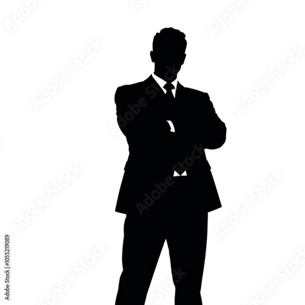 Fototapeta A businessman silhouette standing with crossed arms, facing forward with a strong, confident stance