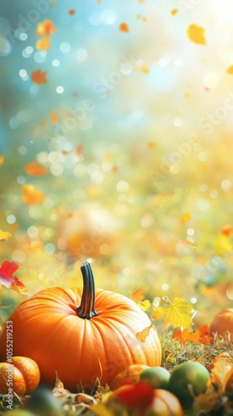 Fototapeta Happy Thanksgiving banner with pumpkins and autumn leaves vertical frame for instastory, reel or tiktok background