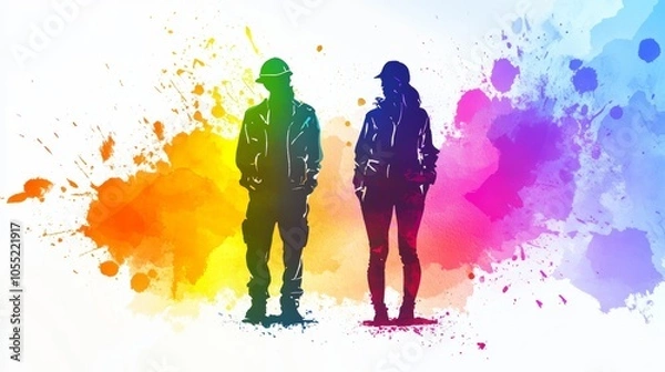 Fototapeta Two people against a colorful backdrop, vibrant and dynamic visual contrast in contemporary photography