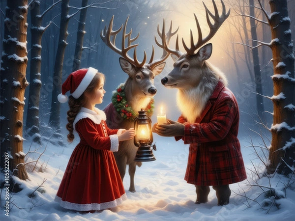 Obraz クリスマス　少女　サンタクロース　トナカイ　雪　森