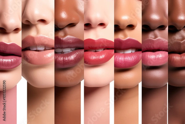 Fototapeta Vertical side by side showcase of swatches of various lip shades and different skin tones