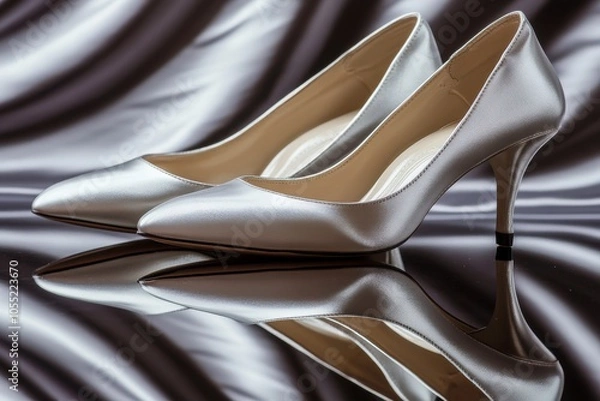Fototapeta Elegant Shimmering Silver Heels on Glossy Reflective Surface