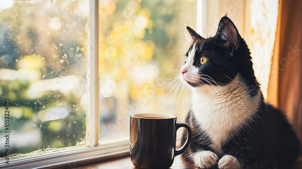 Fototapeta Black and White Cat Looking Out Sunny Window with Coffee Mug – Cozy Autumn Morning Scene with Warm Light and Relaxed Pet