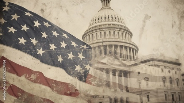 Fototapeta Vintage composite of the U.S. Capitol with American flag backdrop in warm tones