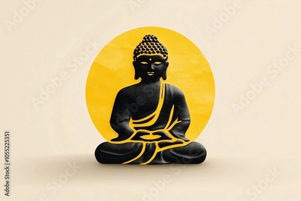 Fototapeta Illustration of Buddha meditating with glowing yellow aura on a minimalist background