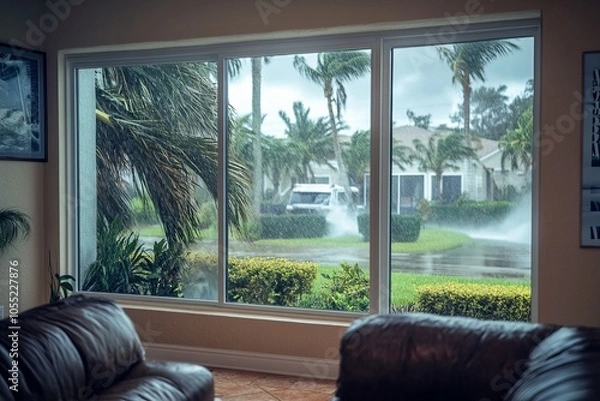 Fototapeta Inside of a home during a hurricane, palms in background being blown by the strong winds and rain, house is protected with the windows	
