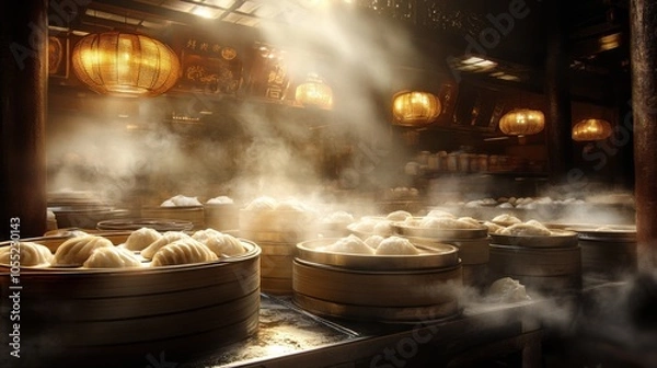 Fototapeta Steamed Buns and Dumplings in a Bustling Tea House