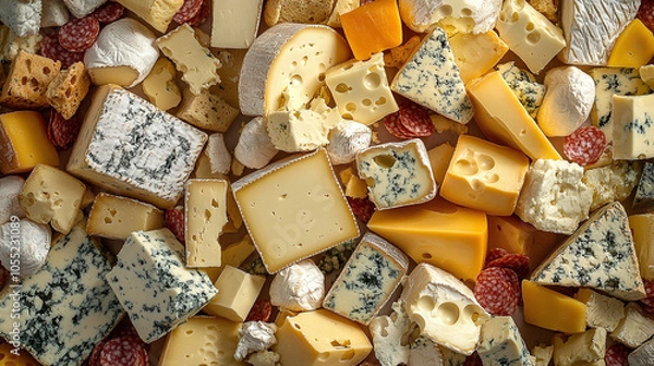 Fototapeta Variety of artisanal cheeses in different textures and colors, creating a rich, gourmet food background for culinary and dairy product themes.