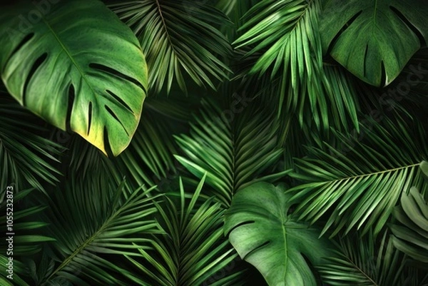Fototapeta Palm tree background with green leaves.