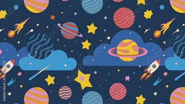 Fototapeta Stylized retro space objects vector seamless background
