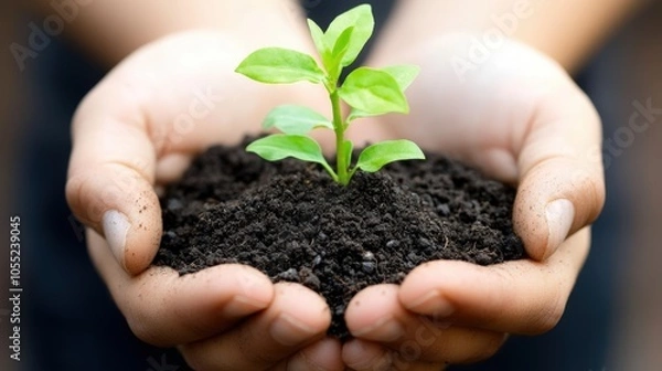 Fototapeta A close-up of hands holding fresh soil with sprouting plants