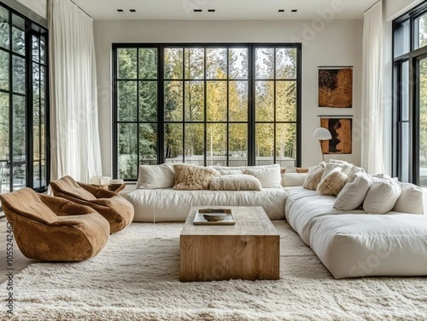 Fototapeta A living room designed for comfort, featuring oversized chairs, a plush sectional sofa, and a soft rug, making it the perfect space to unwind