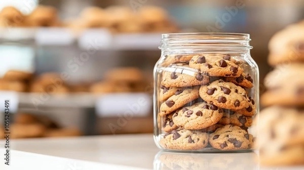 Fototapeta Close-up of a glass jar filled with classic chocolate chip cookies on a bakery counter, Cookie jar display, Nostalgic and tasty