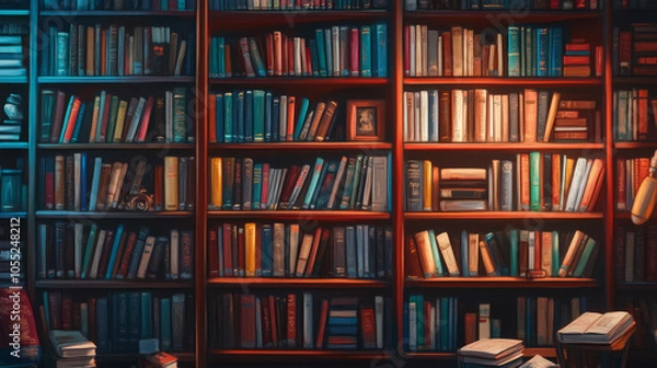 Fototapeta Cozy Library Bookshelf with Warm Lighting