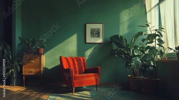Fototapeta Cozy Living Room with Red Armchair and Greenery
