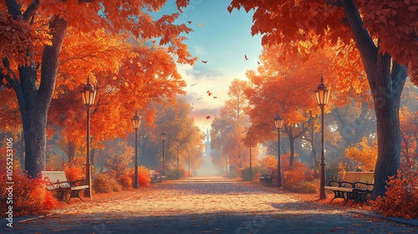 Fototapeta Serene Autumn Park Path with Sunlight Streaming Through Golden Leaves