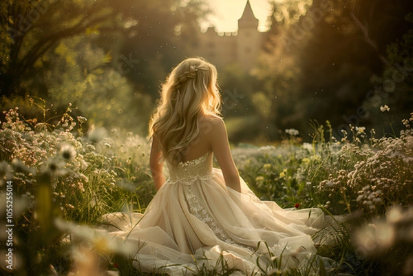 Obraz Beautiful blond woman in a princess dress sitting in a flower garden near a castle, looking away from the camera, with a fantasy background, Generative AI	