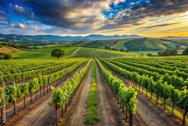 Fototapeta A panoramic view of a sprawling vineyard with rows of vines and grapevines stretching as far as the eye can see, rolling hills, outdoors, landscape photography, countryside, field