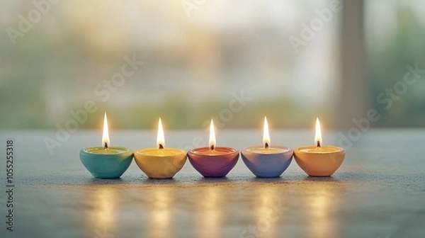 Fototapeta Colorful clay lamps with flickering flames arranged in a row, creating a warm and inviting atmosphere, perfect for celebrations and spiritual occasions.