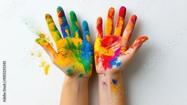 Fototapeta Hands covered in vivid Holi powder, raised in celebration with realistic details of color blending on skin.