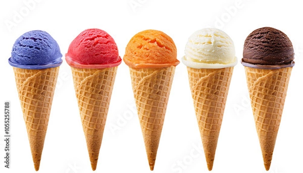 Fototapeta Five colorful ice cream cones, white isolate background transparent background