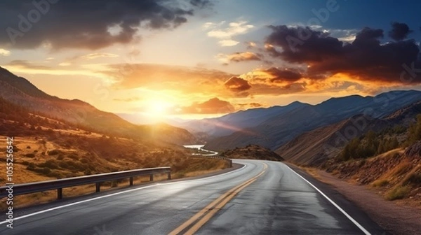 Obraz A curvy road winds through the mountains in sunset