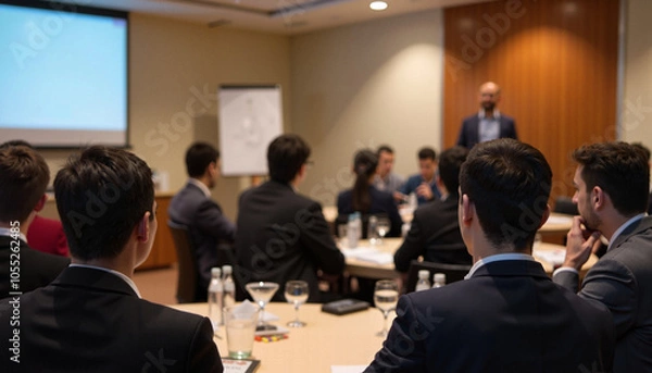 Fototapeta Business meeting with professionals in suits listening to a presentation
