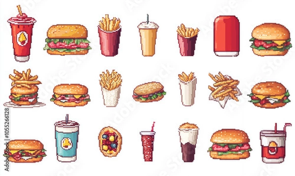 Fototapeta A colorful assortment of fast food items including burgers, fries, and drinks displayed in a playful pixel art style