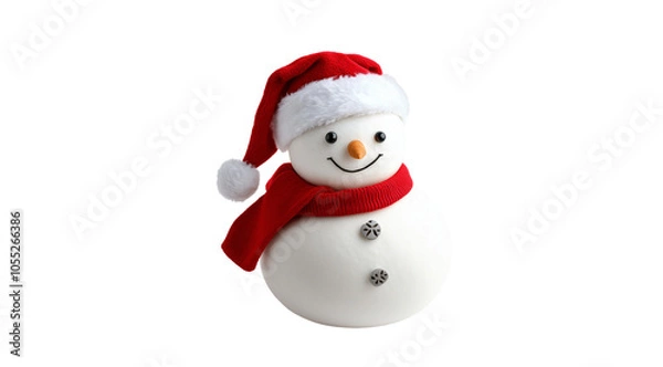 Fototapeta Smiling snowman in a red hat and scarf, created with Generative AI technology, PNG