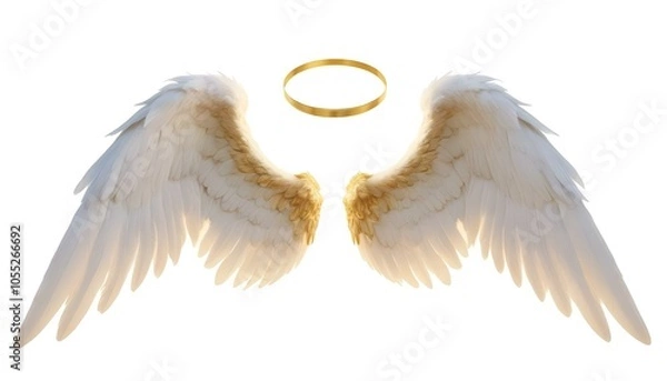 Fototapeta A pair of large isolated white angel wings with a gold halo floating on a plain white background