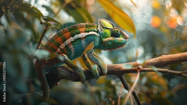 Fototapeta A Vibrant Chameleon Perched on a Branch