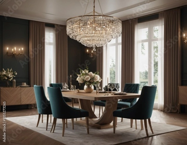 Fototapeta a high-quality 3D render of an elegant dining area, emphasizing sophistication and comfort. Incorporate a stylish dining table, comfortable chairs, and a statement chandelier.
