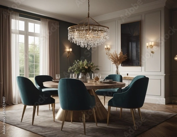 Fototapeta a high-quality 3D render of an elegant dining area, emphasizing sophistication and comfort. Incorporate a stylish dining table, comfortable chairs, and a statement chandelier.