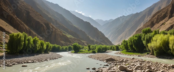 Fototapeta A serene and majestic landscape of the Khawak River flowing through the rugged terrain of the Panjshir Valley in Afghanistan, with lush green forests, towering mountain peaks.