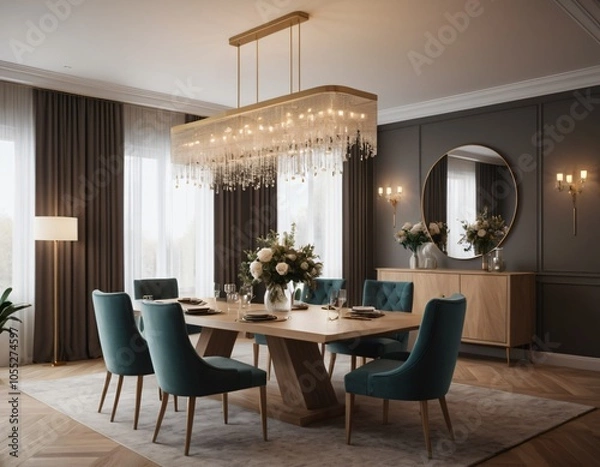 Fototapeta a high-quality 3D render of an elegant dining area, emphasizing sophistication and comfort. Incorporate a stylish dining table, comfortable chairs, and a statement chandelier.