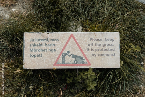 Obraz Sign prohibiting climbing on cannons, Gjirokastra Albania