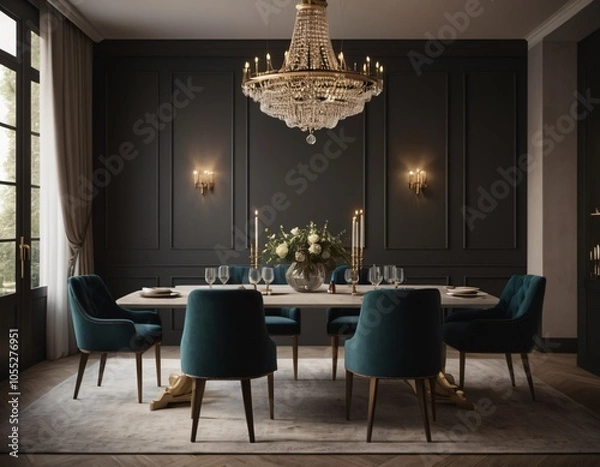 Fototapeta a high-quality 3D render of an elegant dining area, emphasizing sophistication and comfort. Incorporate a stylish dining table, comfortable chairs, and a statement chandelier.