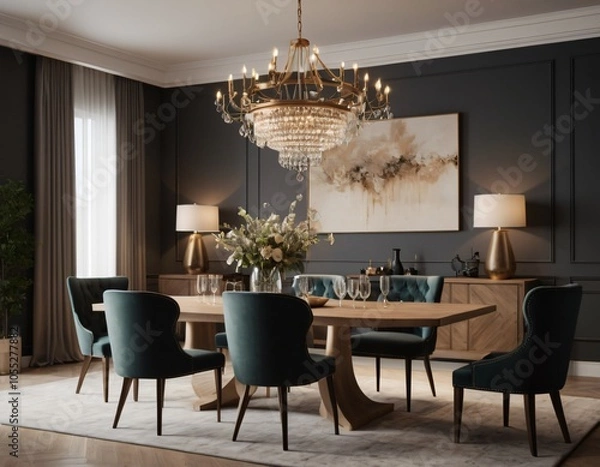 Fototapeta a high-quality 3D render of an elegant dining area, emphasizing sophistication and comfort. Incorporate a stylish dining table, comfortable chairs, and a statement chandelier.