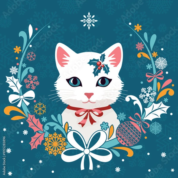 Fototapeta Cute cat with a New Year s wreath.