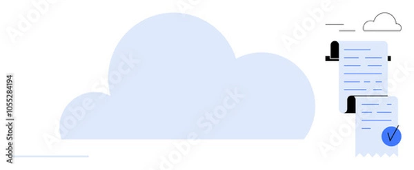 Fototapeta Light blue cloud on the left with a document scroll and checkmark on the right. Ideal for cloud storage, data management, digital documents, task verification, tech solutions. Simplistic and modern