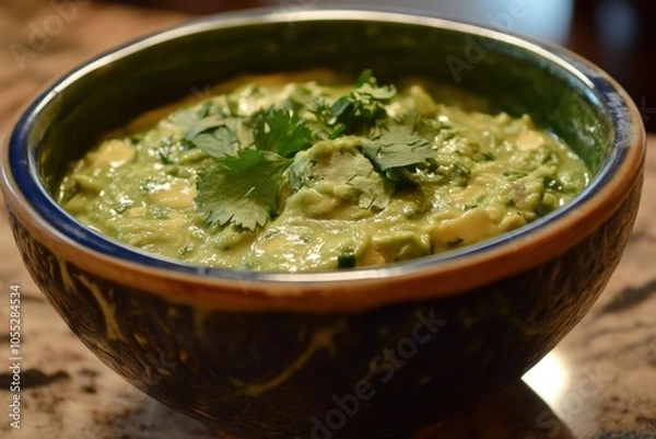 Fototapeta Avocado Dip - Fresh and Green Guacamole in a Bowl with Cilantro and Lime