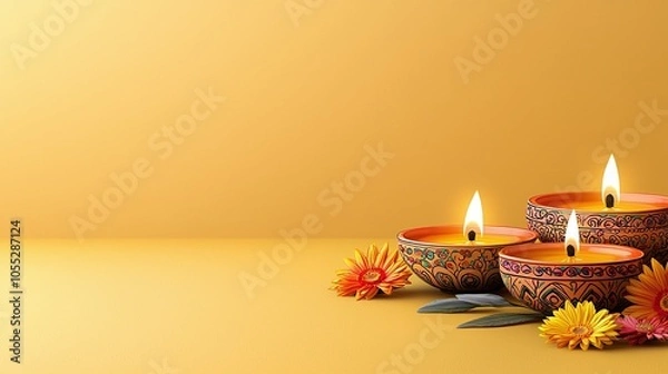 Fototapeta A serene image featuring decorative oil lamps surrounded by flowers, set against a warm yellow background.