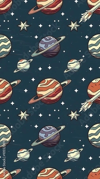 Fototapeta Stylized retro space objects vector seamless background